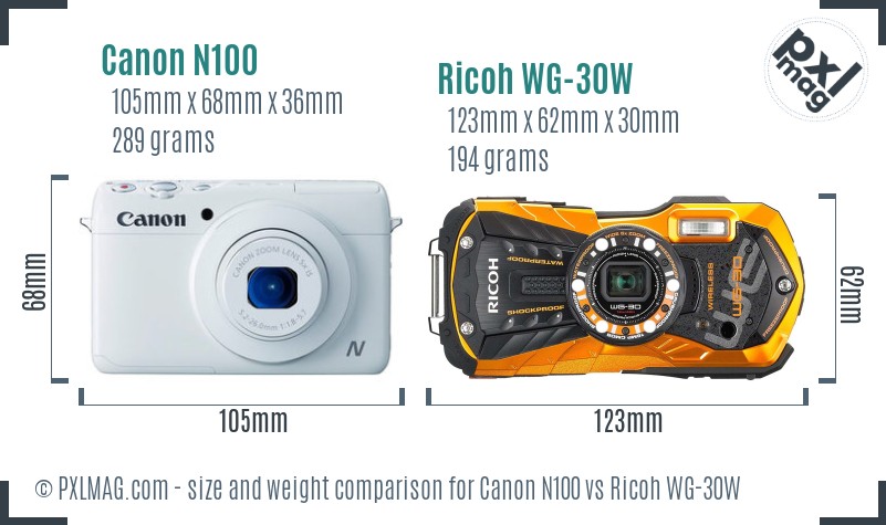 Canon N100 vs Ricoh WG-30W size comparison