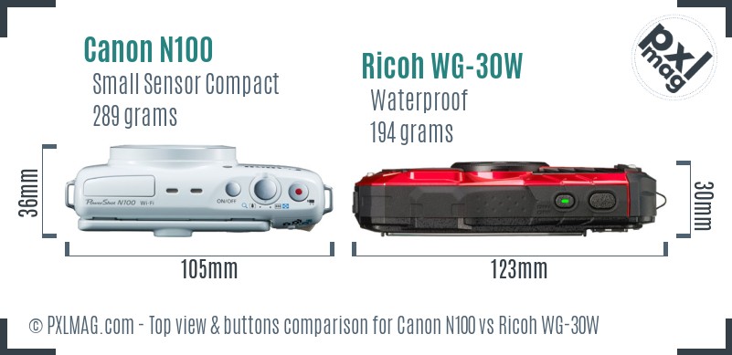 Canon N100 vs Ricoh WG-30W top view buttons comparison