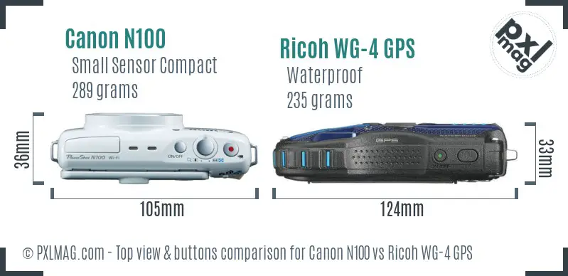 Canon N100 vs Ricoh WG-4 GPS top view buttons comparison