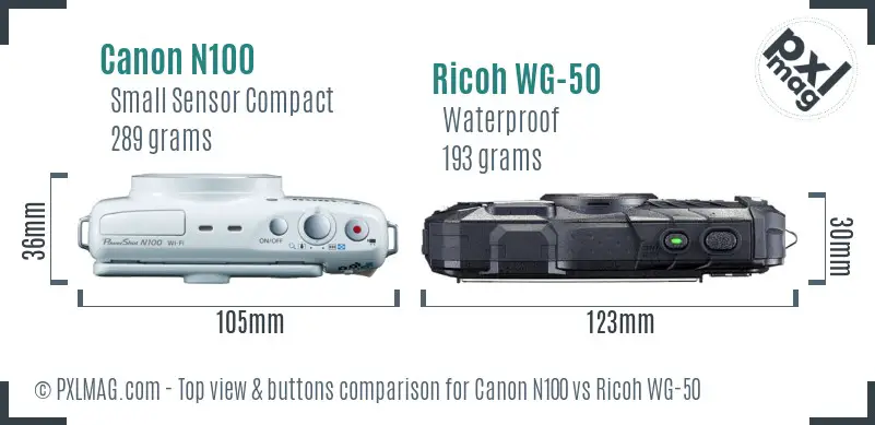 Canon N100 vs Ricoh WG-50 top view buttons comparison Canon N100 vs Ricoh WG-50 top view buttons comparison