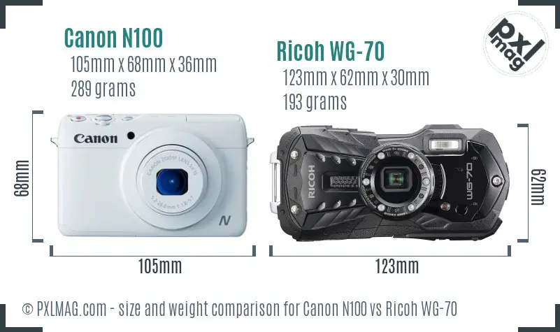 Canon N100 vs Ricoh WG-70 size comparison
