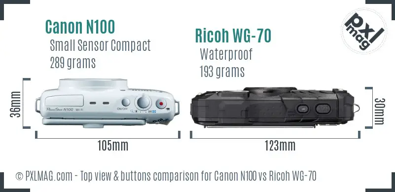 Canon N100 vs Ricoh WG-70 top view buttons comparison