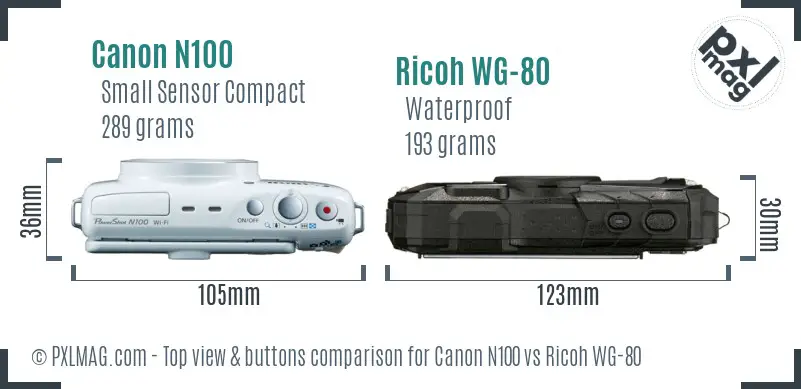 Canon N100 vs Ricoh WG-80 top view buttons comparison