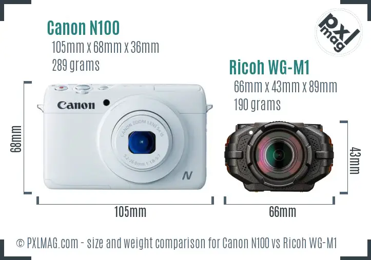 Canon N100 vs Ricoh WG-M1 size comparison