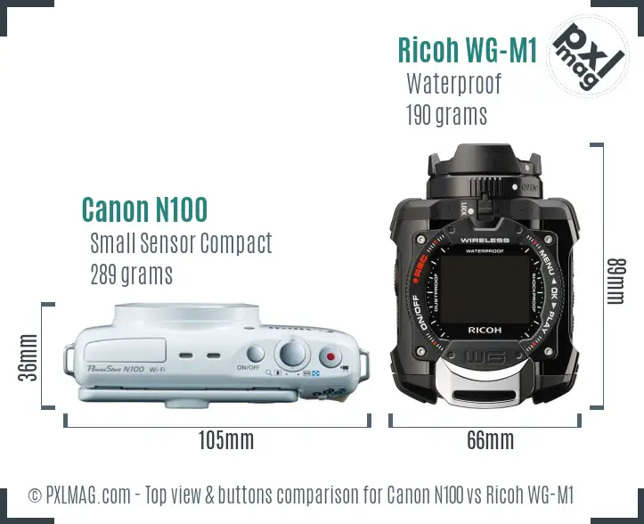 Canon N100 vs Ricoh WG-M1 top view buttons comparison