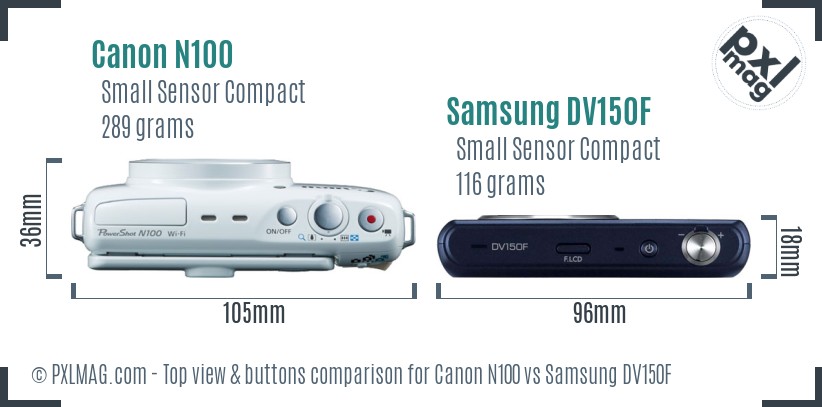 Canon N100 vs Samsung DV150F top view buttons comparison