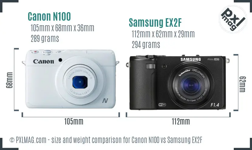 Canon N100 vs Samsung EX2F size comparison