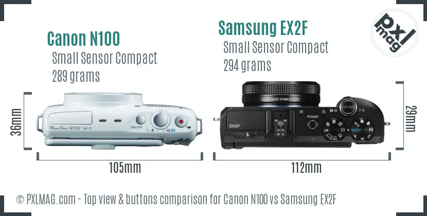 Canon N100 vs Samsung EX2F top view buttons comparison