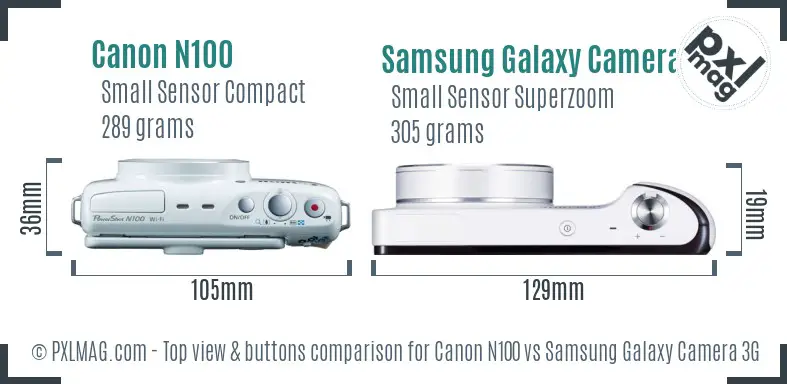 Canon N100 vs Samsung Galaxy Camera 3G top view buttons comparison Canon N100 vs Samsung Galaxy Camera 3G top view buttons comparison