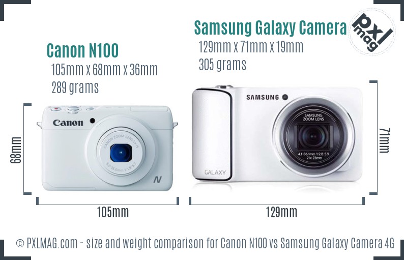 Canon N100 vs Samsung Galaxy Camera 4G size comparison
