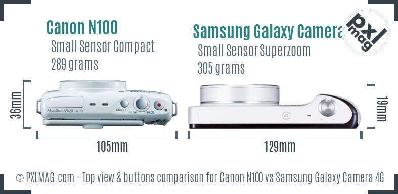Canon N100 vs Samsung Galaxy Camera 4G top view buttons comparison