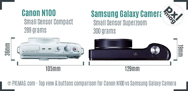 Canon N100 vs Samsung Galaxy Camera top view buttons comparison