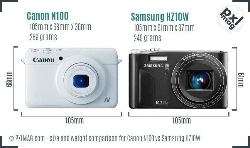 Canon N100 vs Samsung HZ10W size comparison