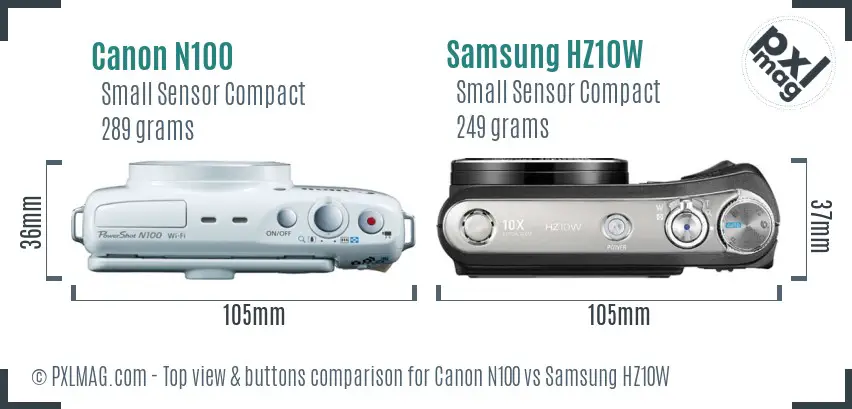 Canon N100 vs Samsung HZ10W top view buttons comparison