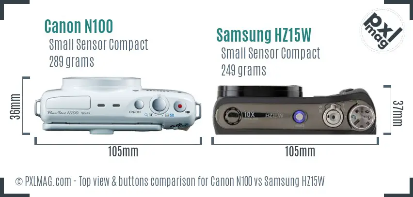 Canon N100 vs Samsung HZ15W top view buttons comparison