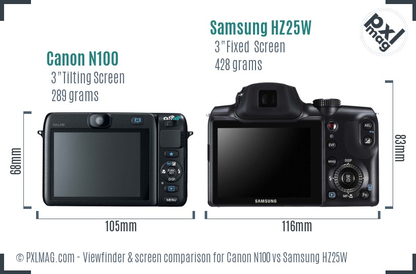 Canon N100 vs Samsung HZ25W Screen and Viewfinder comparison