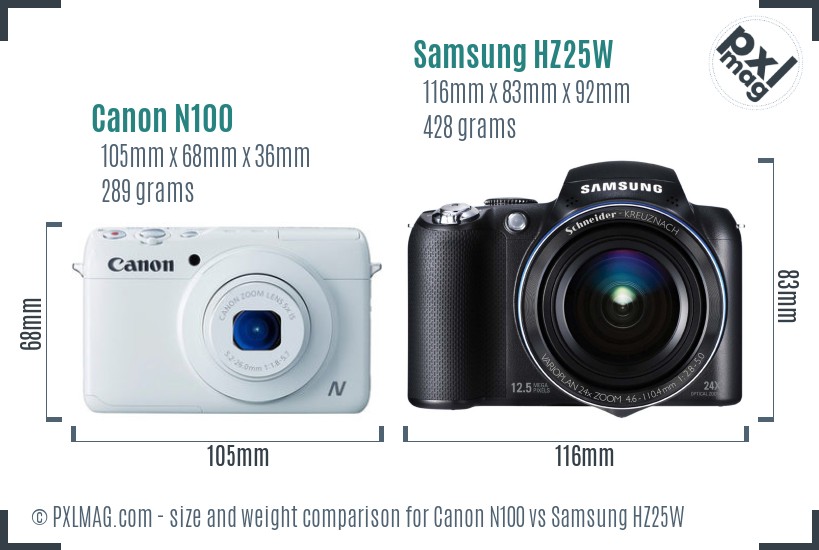 Canon N100 vs Samsung HZ25W size comparison