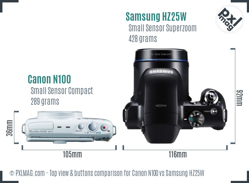 Canon N100 vs Samsung HZ25W top view buttons comparison