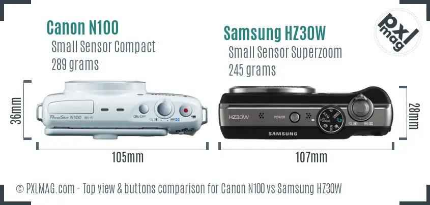 Canon N100 vs Samsung HZ30W top view buttons comparison