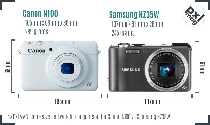 Canon N100 vs Samsung HZ35W size comparison