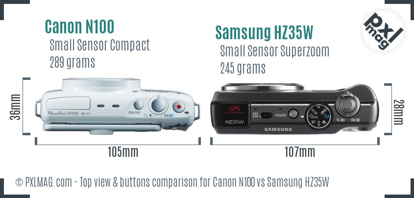 Canon N100 vs Samsung HZ35W top view buttons comparison