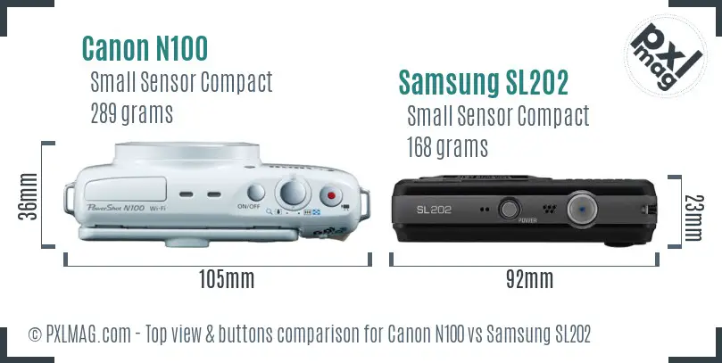 Canon N100 vs Samsung SL202 top view buttons comparison