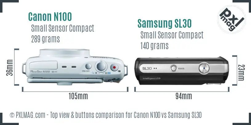 Canon N100 vs Samsung SL30 top view buttons comparison