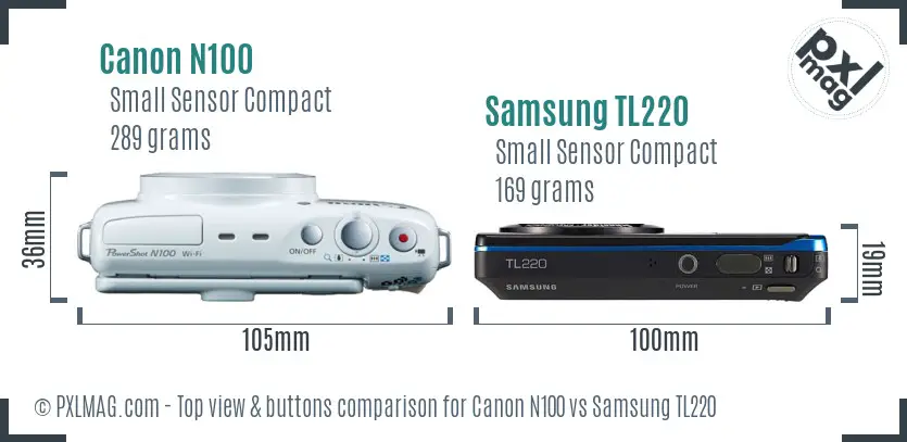 Canon N100 vs Samsung TL220 top view buttons comparison Canon N100 vs Samsung TL220 top view buttons comparison