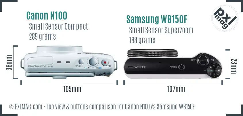 Canon N100 vs Samsung WB150F top view buttons comparison