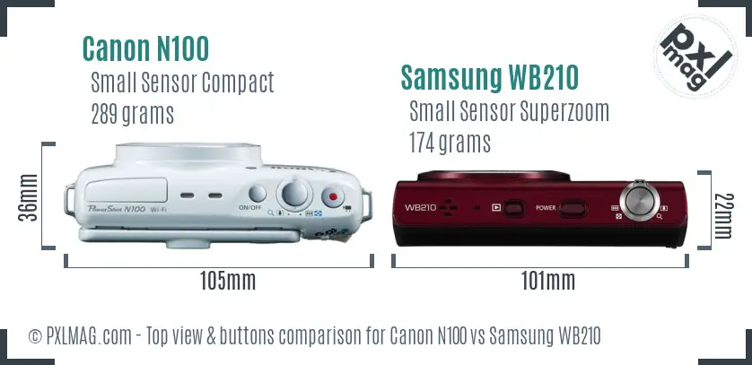 Canon N100 vs Samsung WB210 top view buttons comparison