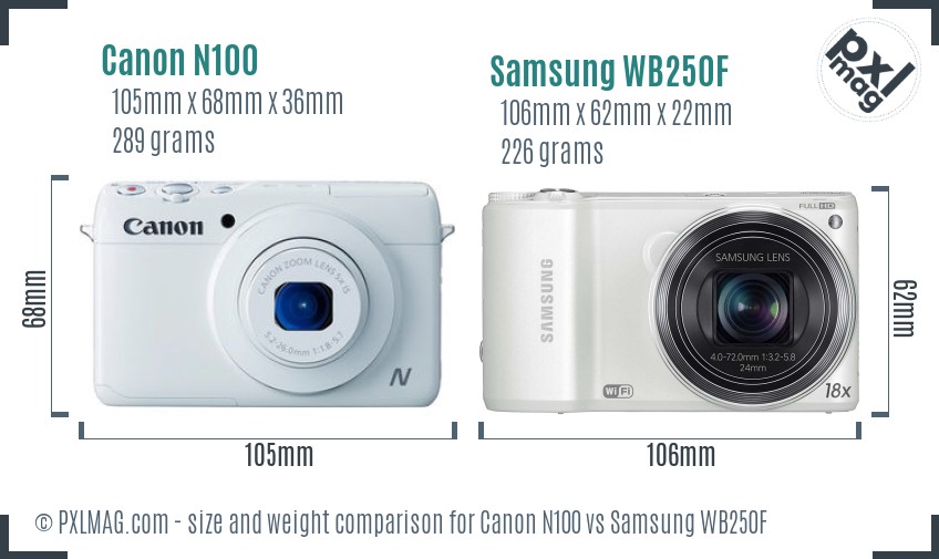 Canon N100 vs Samsung WB250F size comparison Canon N100 vs Samsung WB250F size comparison