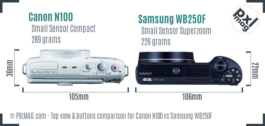 Canon N100 vs Samsung WB250F top view buttons comparison