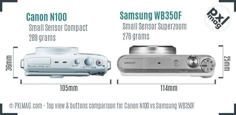 Canon N100 vs Samsung WB350F top view buttons comparison