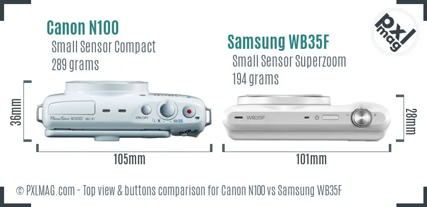 Canon N100 vs Samsung WB35F top view buttons comparison