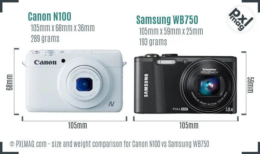 Canon N100 vs Samsung WB750 size comparison
