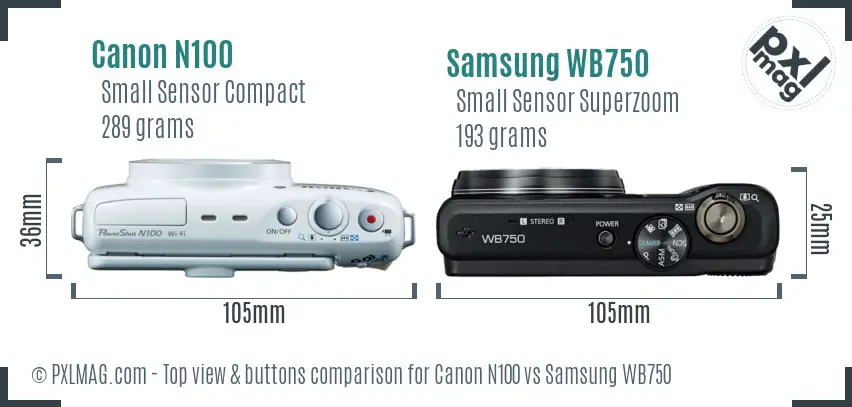 Canon N100 vs Samsung WB750 top view buttons comparison
