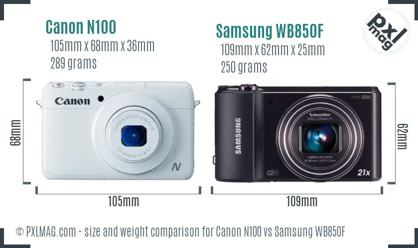 Canon N100 vs Samsung WB850F size comparison