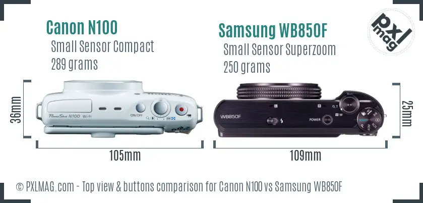 Canon N100 vs Samsung WB850F top view buttons comparison