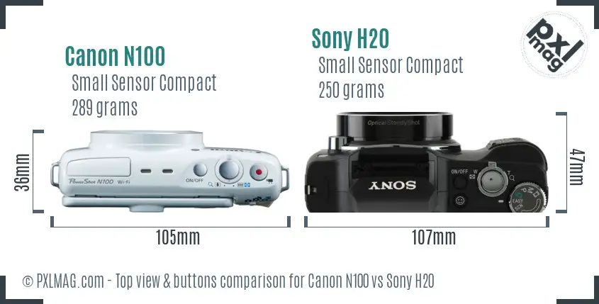 Canon N100 vs Sony H20 top view buttons comparison Canon N100 vs Sony H20 top view buttons comparison