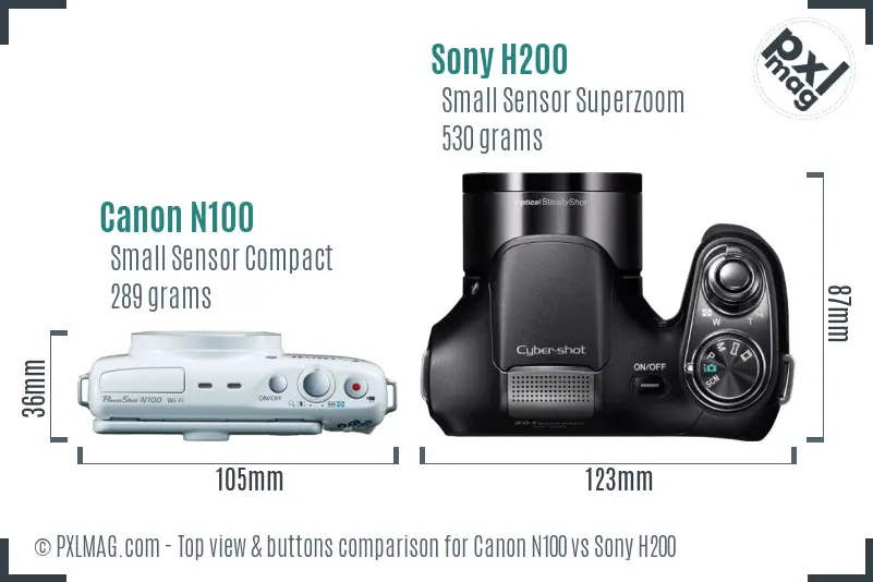 Canon N100 vs Sony H200 top view buttons comparison