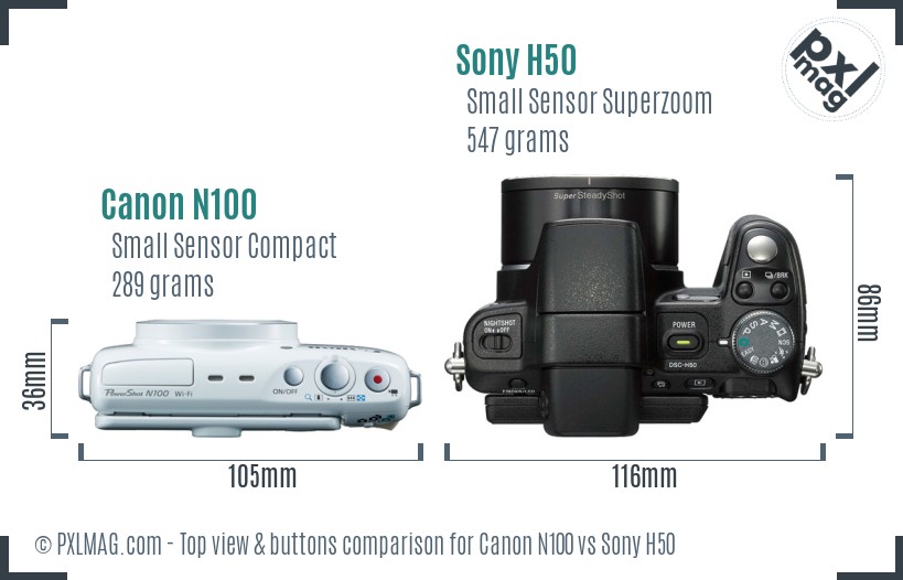 Canon N100 vs Sony H50 top view buttons comparison