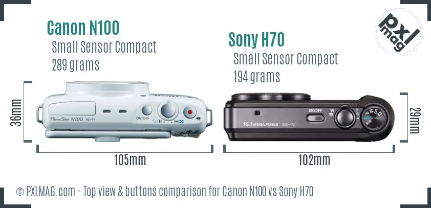 Canon N100 vs Sony H70 top view buttons comparison Canon N100 vs Sony H70 top view buttons comparison