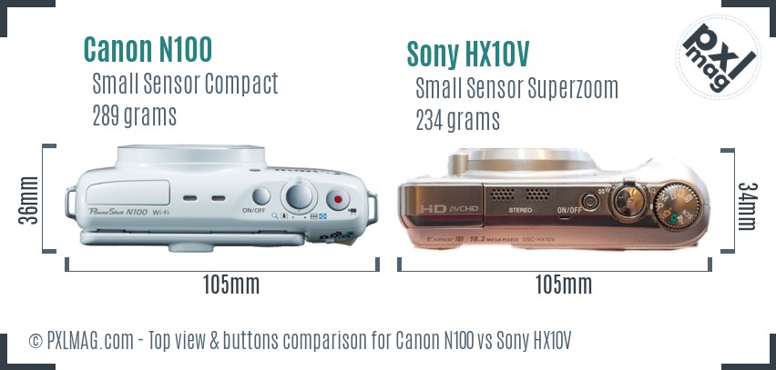 Canon N100 vs Sony HX10V top view buttons comparison