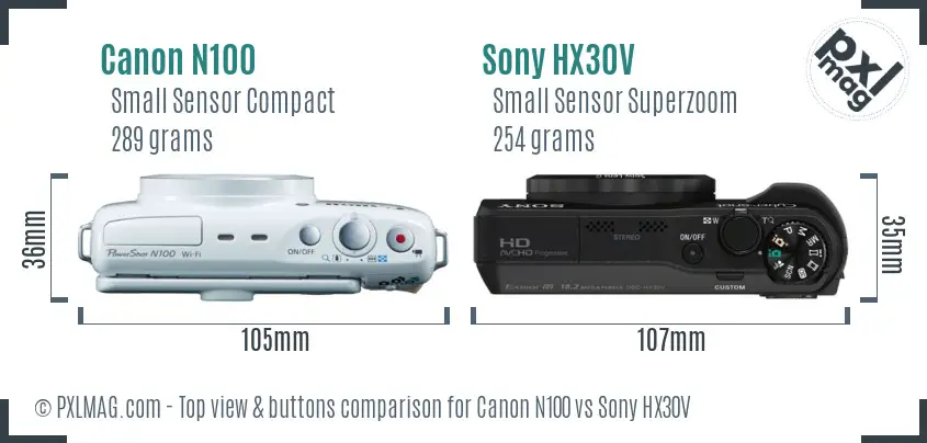 Canon N100 vs Sony HX30V top view buttons comparison