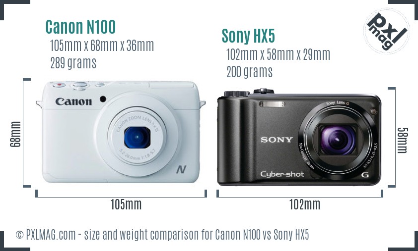 Canon N100 vs Sony HX5 size comparison