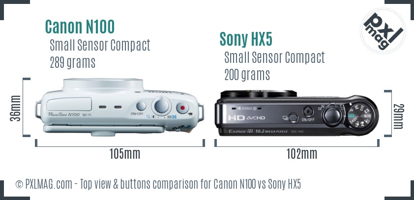 Canon N100 vs Sony HX5 top view buttons comparison