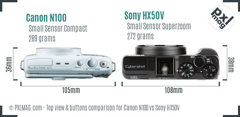Canon N100 vs Sony HX50V top view buttons comparison