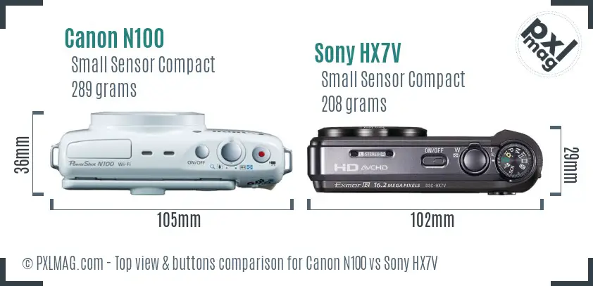 Canon N100 vs Sony HX7V top view buttons comparison Canon N100 vs Sony HX7V top view buttons comparison