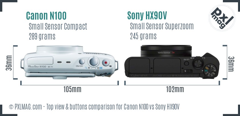 Canon N100 vs Sony HX90V top view buttons comparison