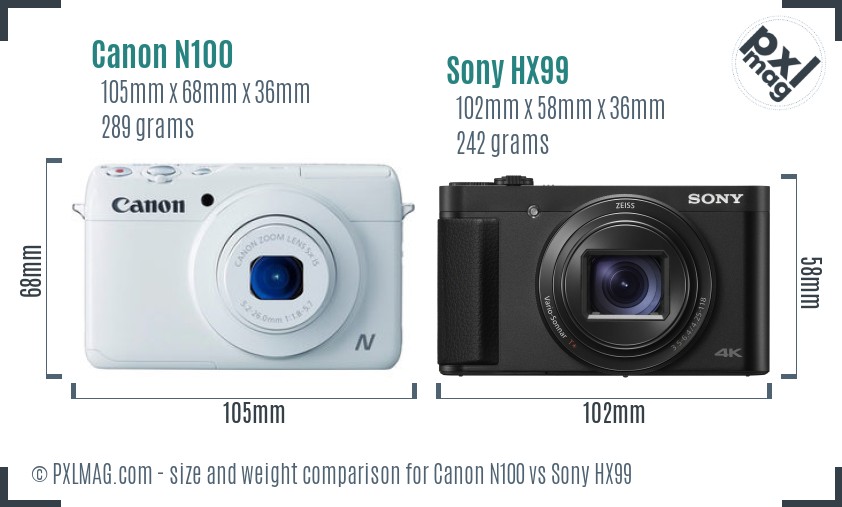 Canon N100 vs Sony HX99 size comparison
